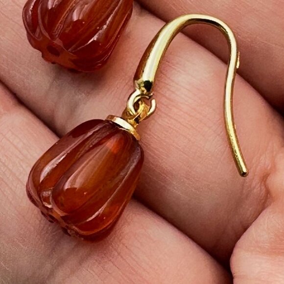 Red Orange Agate Gemstone Pumpkin Drop 18K Gold Plated Pierced Earrings Fall - Picture 3 of 6